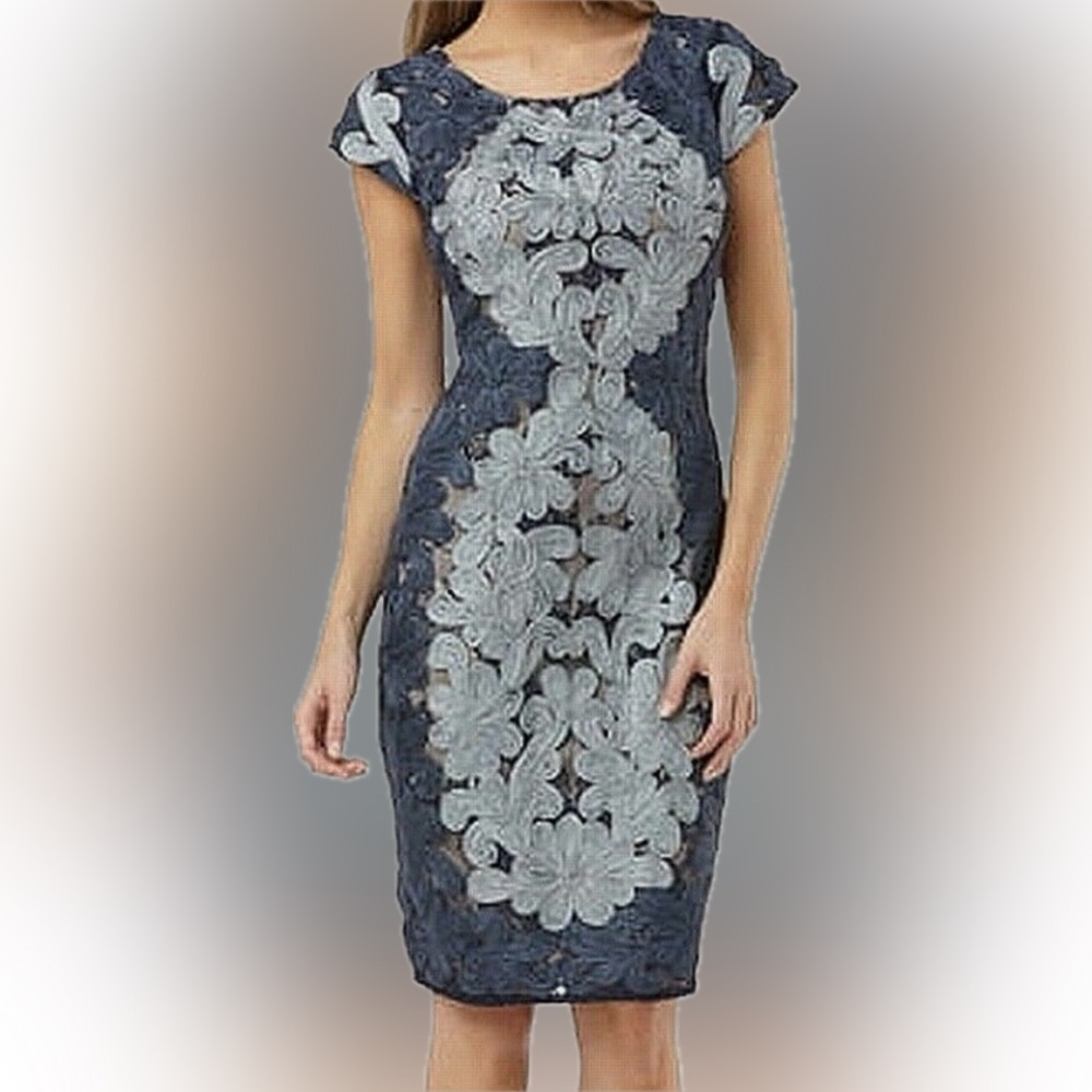 JS Collections Blue Sheath Floral Soutache Dress